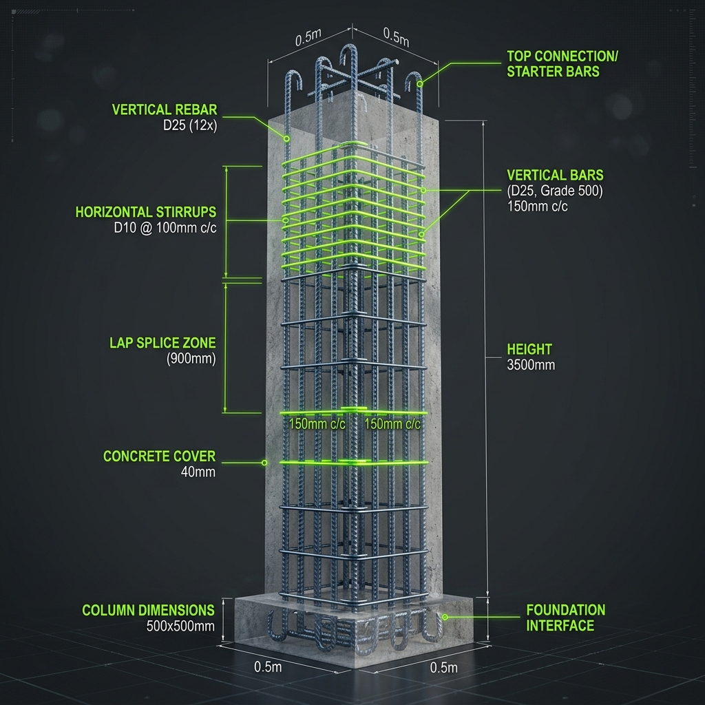 3D Concrete Column Rebar Cage Reinforcement Visualization